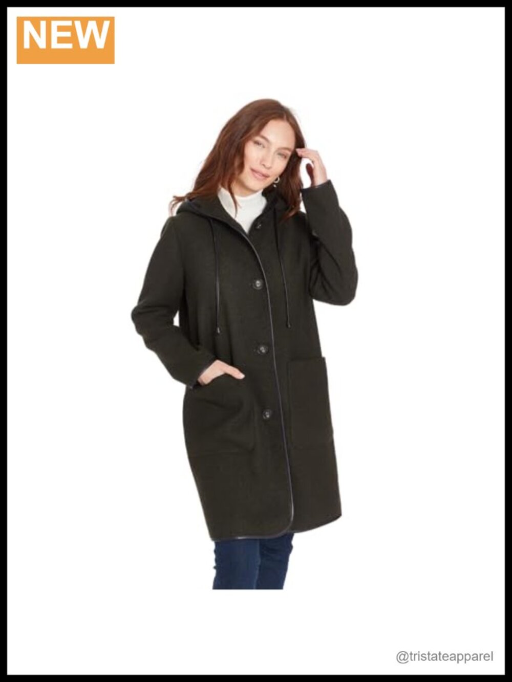 Wool Blend Duffle Coat with Faux Leather Trim and Drawstrings